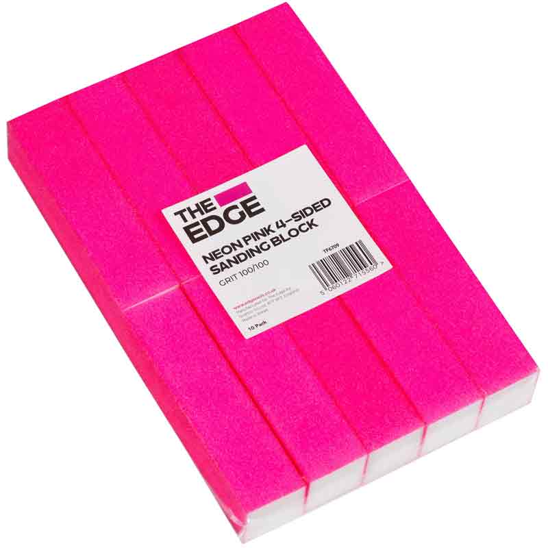 The Edge 4 Way Neon Pink Sanding Nail Blocks, 100/100 Grit - Pack of 10