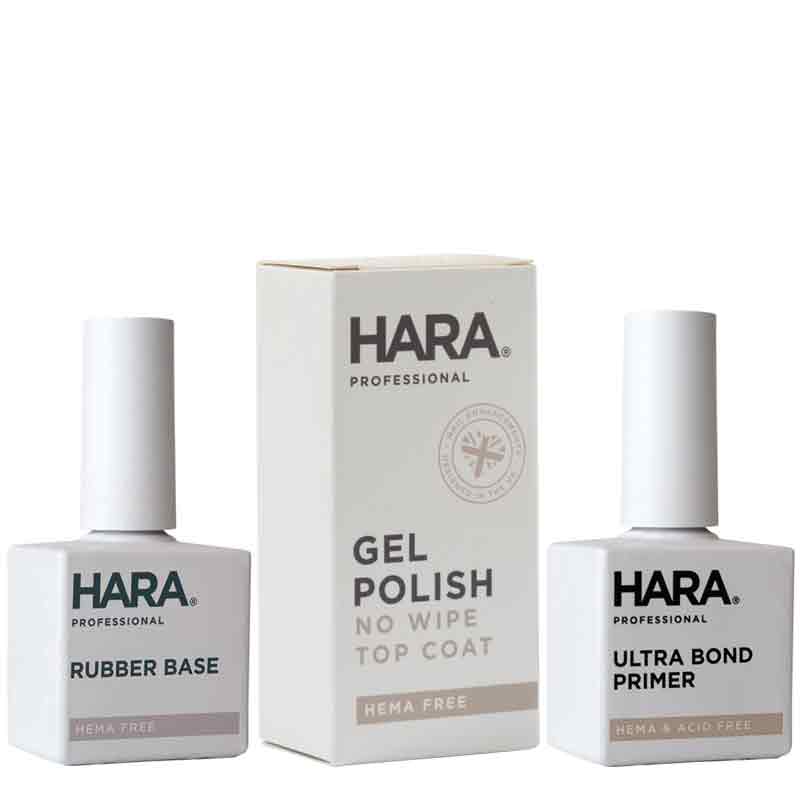 Hara Rubber Base Coat, No Wipe Top Coat & Ultra Bond Primer Trio - 18ml